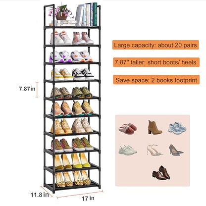 Shoe Rack - Sturdy Metal Shoes Storage Organizer for Closet, Entryway | Garage, Door Entrance, Space Saving 10-Tier Narrow Shoe Shelf, Stackable Free Standing Shoes Holder