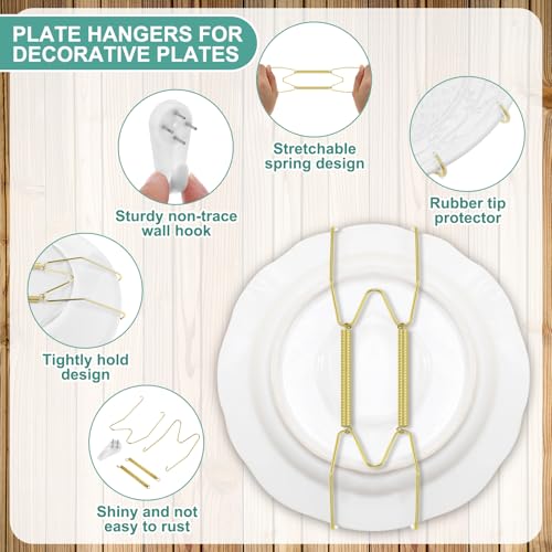 Hotop 12 Pieces Plate Hangers for Wall Stainless Steel Wire Invisible Heavy Duty Plate Hangers Display Holders with 12 Pieces Hooks for Wall Decorative(6/8/10 Inch,Gold)