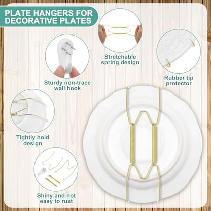 Hotop 12 Pieces Plate Hangers for Wall Stainless Steel Wire Invisible Heavy Duty Plate Hangers Display Holders with 12 Pieces Hooks for Wall Decorative(6/8/10 Inch,Gold)