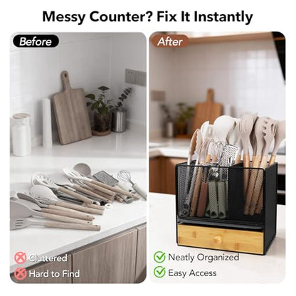 Kitchen Utensil Holder Countertop,Extra Large Utensil Organizer with Drawer | 2-Tier Utensil & Silverware Organizer for Kitchen Counter, Cooking Utensil Cutlery Caddy, Quick Dry Diatomite Base