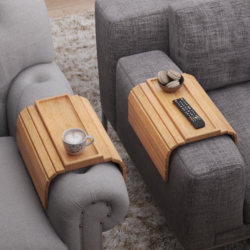 2 Pack Bamboo Folding Sofa Arm Tray with Anti-Slip Pad (Natural) | Couch Armrest Tray,Foldable Build, Space-Saving Storage, No Assembly, easy to clean, universal arm fit,Gift box