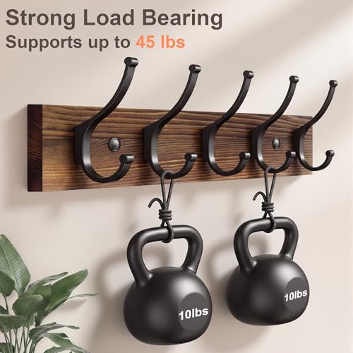 Optish 2 Pack Wooden Coat Rack Wall Mount, 16.1" Rustic Coat Hanger Hooks with 10 Double Hooks, Wall Coat Rack for Hat, Clothes, Bags, Jacket, Brown