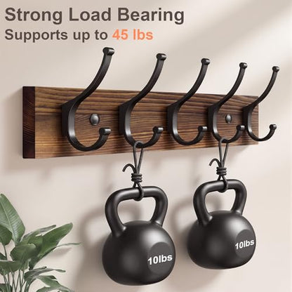 Optish 2 Pack Wooden Coat Rack Wall Mount, 16.1" Rustic Coat Hanger Hooks with 10 Double Hooks, Wall Coat Rack for Hat, Clothes, Bags, Jacket, Brown