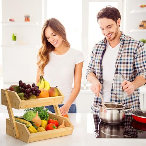 G.a HOMEFAVOR 2-Tier Bamboo Fruit Basket for Kitchen Counter, Self-assembly | Large Fruit Bowl, Vegetable Storage Stand for Fruit Shop, 15 mm Thickness