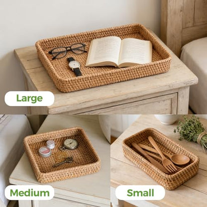 Rattan Serving Tray,Rectangle Wicker Storage Basket Set of 3 for Organizing | Natural Rattan, Decorative Serving Woven Trays Wicker Baskets for Storage, Home Decor, Bathroom, Kitchen Counter