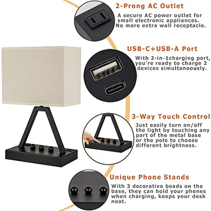 Touch Control Table Lamp, 3-Way Dimmable Desk Lamp with USB C & USB A and AC Outlet, Bedside Lamps with Phone Stands for Bedroom, Living Room, Office, LED Bulb Included, Black