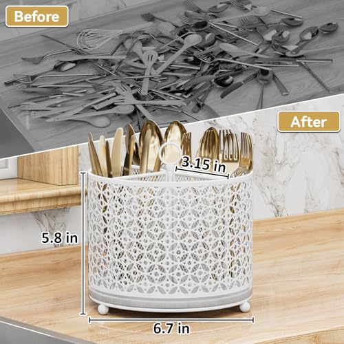 360° Rotating Kitchen Utensil Holder - Fast-Drying... (White | Carbon Steel)