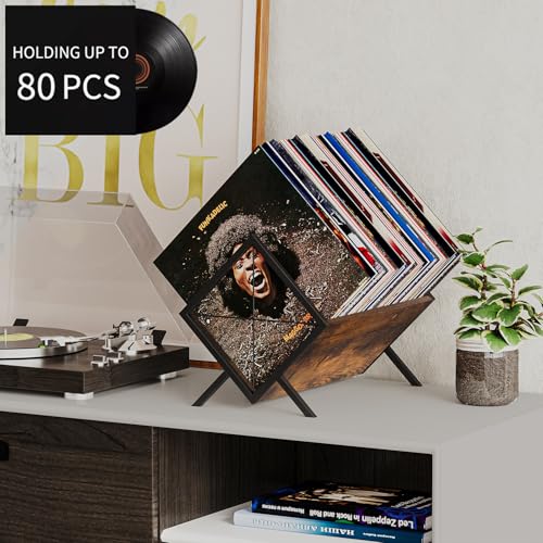 Vinyl Record Holder, 80-100 LP Vinyl Record Storage Rack, Quick Assembly Vinyl Record Display, Retro Style Organizer for Magazine, Book, Files, Albums (Rustic Brown, 1 Tier)