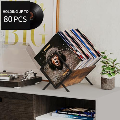 Vinyl Record Holder, 80-100 LP Vinyl Record Storage Rack, Quick Assembly Vinyl Record Display, Retro Style Organizer for Magazine, Book, Files, Albums (Rustic Brown, 1 Tier)