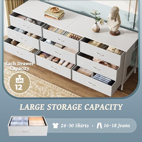 Huuger 63 Inch Dresser for Bedroom, Dresser for Closet with 9 Fabric Drawers, Large TV Stand for 55, 65, 70 Inch TV, Entertainment Center with Storage, Wide Long Chest of Drawers, White