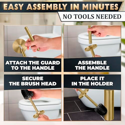 Stainless Steel Toilet Brush and Holder Set, Splash Guard (Gold) | Toilet Bowl Brush and Holder, Removable Inner Bowl, Dense Bristles, Long Handle, Scratch Resistant, for Modern Bathrooms