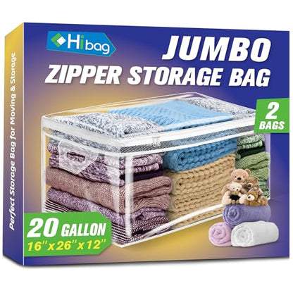 Large Storage Bag for Clothes, Jumbo Zipper Totes | 20 Gallon xxl, Flexible, Clear Extra Thick Plastic, Reinforced Handles, Double Zip