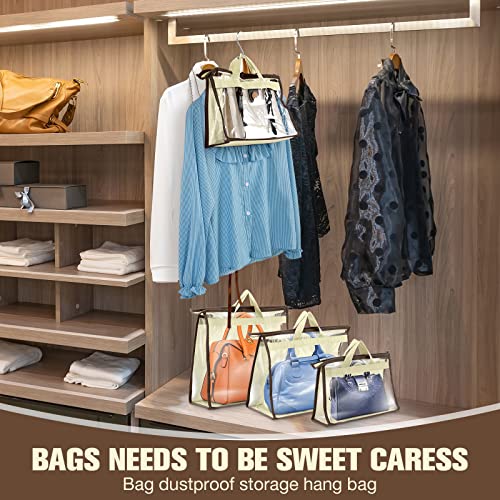 Chumia 24 Pack Dust Bags for Handbags with 25 Stainless Steel S Shape Hooks, 3 Assorted Sizes Dust Cover Bags Damp Proof Purse Storage Handbags with Zippers and Handles for Closet Hanging
