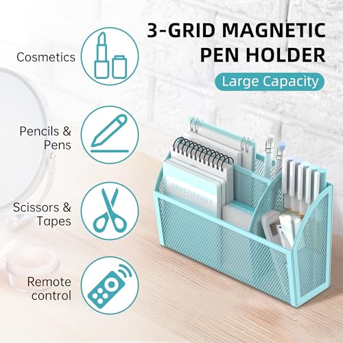 DALTACK 3-Grid Magnetic Pencil Holder, Strong Magnet Locker Organizer, Blue | Mesh Magnetic Shelf, Marker Holder Perfect for Whiteboard, Refrigerator and Locker Accessories