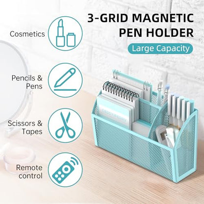 DALTACK 3-Grid Magnetic Pencil Holder, Strong Magnet Locker Organizer, Blue | Mesh Magnetic Shelf, Marker Holder Perfect for Whiteboard, Refrigerator and Locker Accessories
