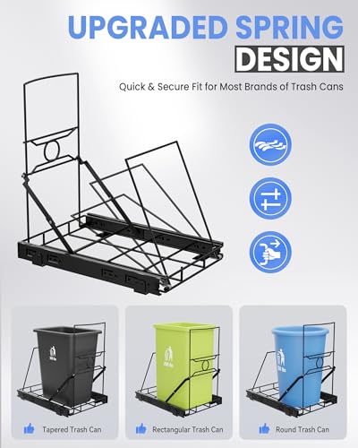 Trash Can Pull Out for Kitchen Cabinet, Black | Upgraded One-Piece Slide Out Holder Fits Most 7 to 11 Gallon Bins, Requires 12.5"W x 17.3"D x 17.5"H, Bin Not Included