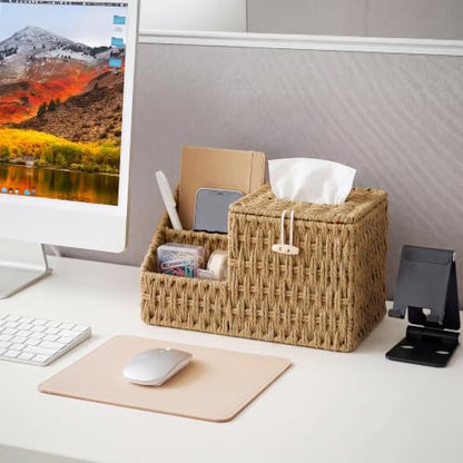 Tissue Box Cover with Storage, Wicker Paper Rope Square Tissue Box Holder | Tissue Remote Control Holder,Handwoven Decorative Cube Tissue Box Organizer for Bedroom Nightstand End Table,Natural