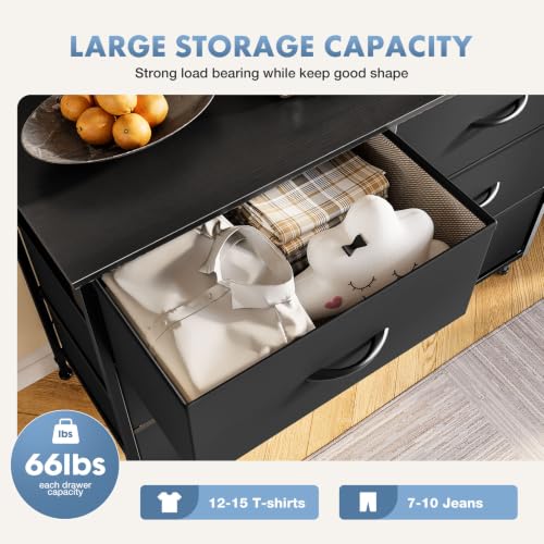 DUMOS 6 Drawer Dresser for Bedroom, Wide Storage Chest of Drawers Cabinet | Fabric Storage Organizer with Wooden Top, Wide Dresser Cabinet for Closet, Bedroom, Black
