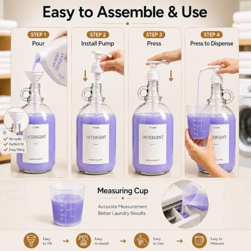 2 Pack Glass Laundry Detergent Dispensers, 64 oz Half Gallon Bottles | Includes Pumps, Waterproof Labels, Funnels and Measuring Cups. Ideal for Organizing Laundry Detergent and Fabric Softener.