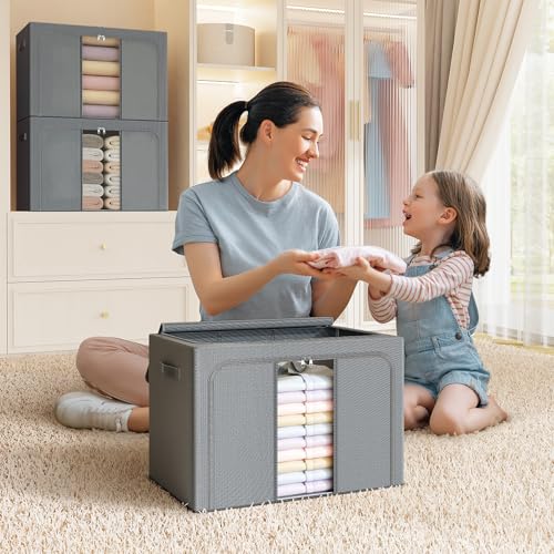 Clothes Storage Bins with Metal Frame, Foldable Clothes Organizers Storage Containers for Clothes, Sheets, Blankets, Pillows and Towels （66L, 3 Pack, Deep Grey