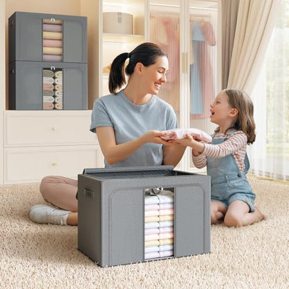 Clothes Storage Bins with Metal Frame, Foldable Clothes Organizers Storage Containers for Clothes, Sheets, Blankets, Pillows and Towels （66L, 3 Pack, Deep Grey
