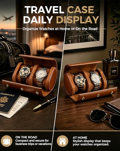 Watch Travel Case for Men: Watch Roll Box 2-Slot with Removable Pillows | Soft Lining, Snap Closure, Portable Storage Compact Organizer for Travel & Display - Gift for Men (Brown)
