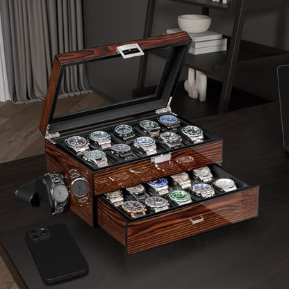 BEWISHOME High-End Watch Box 20-Slot Wooden Watch Case with Large Glass Lid | 2-Layer Watch Cases for Men, Watch Storage, Watch Organizer, Synthetic Leather Interior, Brown