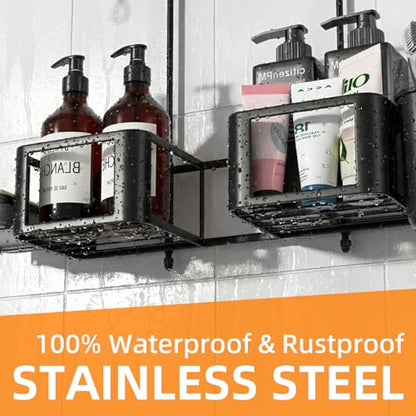 Haging Shower Caddy for Handheld Showerheads,Over Head Shower organizer | Rustproof,Soap Dish,Hooks,Toothbrush Holder,Anti-Swing Adhesive Strip &Suction Cup,For Bathroom,Apartment,RV,Dorm Use,Black