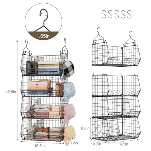 4 Tier Hanging Closet Organizer with Dividers,Extra Large Storage Hanging Shelf with 5 S Hooks 4 Dividers,Hang on Wire Closet Shelving Clothes Organizer-Black