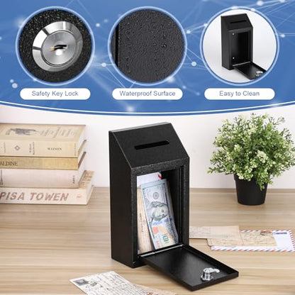 KYODOLED Wall Mount Money Drop Box with Lock & Slot, Metal Cash Box for Farm Stand, Porch Pickup, Office & Donations, 10.24x5.7x2.95 Inch, Black
