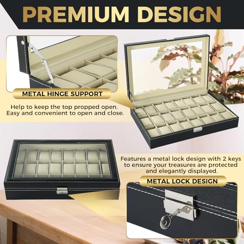 NATGAI Watch Box 24 Slots, Elegant Watch Display Case Glass Top (Beige) | PU Leather Watch Storage Box with Removable Cushion, Lockable Watch Holder Organizer for Men & Women