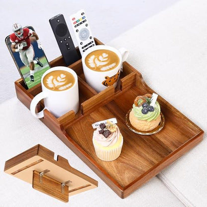 Couch Insert Tray for Middle Seat, Acacia Wood Couch Table with 2 Cup Holders, Fits Armless Sofa & Sectionals, Fold-Flat Tray for Drinks, Snacks & Remotes