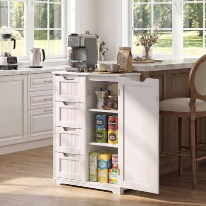 Gizoon Small Coffee Bar Cabinet with 4 Drawers and Door, White | Small Kitchen Sideboard Buffet Cabinet with Adjustable Shelf, Small Kitchen Coffee Bar Cabinet with Drawers for Living Room