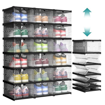 SONGMICS Foldable Shoe Boxes, Stackable Shoe Storage Organizer | Pack of 18, Portable, Fit up to US size 13, 60s Assembly, Transparent and Ink Black ULSP207B01