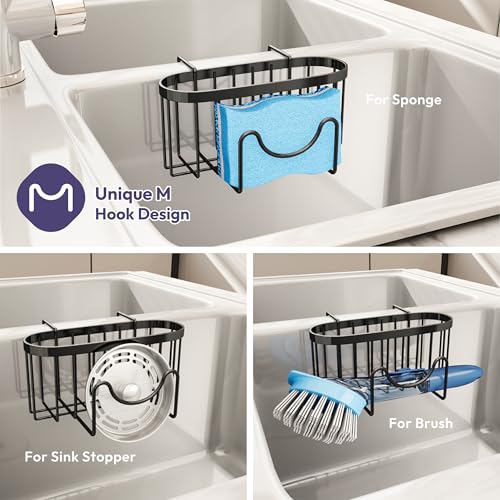 Sponge Holder for Kitchen Sink - Movable Kitchen Sink Caddy with M Shape Hook, Stainless Steel Hanging Sponges Caddy Organizer in Double Bowl Sinks Depth>3.15in, Middle Divider<1.5in, Black
