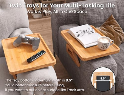 2 Pack Bamboo Couch Arm Tray,Folding Sofa Armrest Table（Natural） | Clip-On Couch Desk,Foldable, high load-bearing, Non-slip, no assembly，easy to wipe clean，Natural bamboo,Gift box