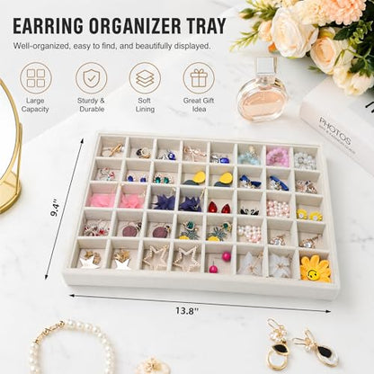 Stratalife 40 Grid Velvet Jewelry Organizer Tray, 13.8" x 9.4" x 1.2" | Stackable Drawer Earring Organizer with Adjustable Dividers, Jewelry Display Tray for Necklace Earring Ring Studs, Beige