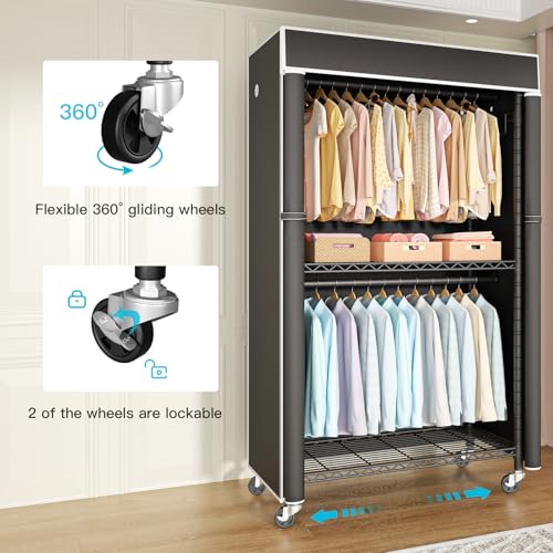 Clothing Rack with Cover, P1C Rolling Closets with Wheels, Metal Garment Rack for Hanging Clothes, Clothing Storage Wardrobe with Cover, 36.2" W x 16.5" D x 80.5" H, Black, Load 450 Pounds