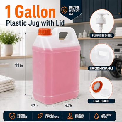 METAPACK 2 Pack 1 Gallon Jug with Pump, HDPE Plastic Laundry Detergent Container, Empty Square Jug for Liquid Soap, Oil, Sauces, Beverage, 4 Labels Included (Translucent)