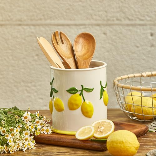 Lemon Handpainted Stoneware 6 inch Utensil Holder,... (Yellow | Stoneware)