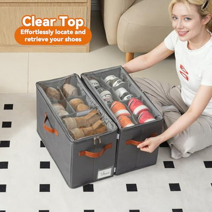 Shoe Organizer for Closet, Fits 32 Pairs, Gray, 4 Pack | Space Saving, Adjustable Dividers, Clear Cover, Reinforced Handles, Stackable & Foldable Farbic Shoe Storage Organizer Box