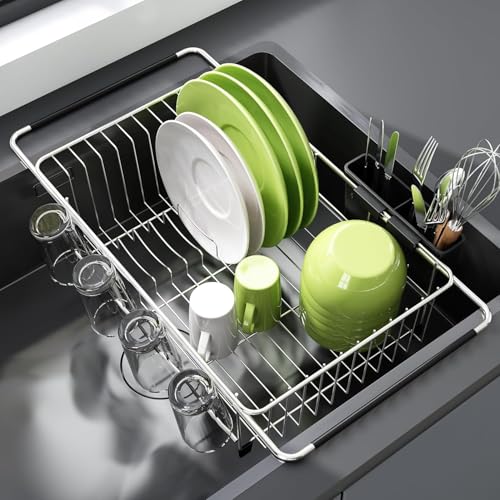 Dish Drying Rack in Sink, Dish Drainer with Cup an... (Silver | Stainless Steel)