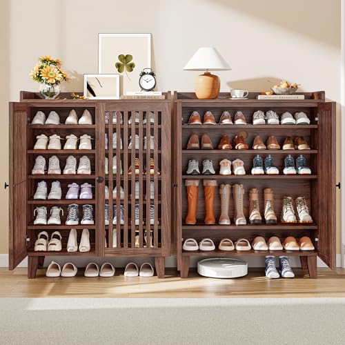 IRONCK Shoe Cabinet with Slatted Doors, 6-Tier Shoe Storage Cabinet, Walnut | Adjustable Shelves, Wooden Shoe Rack Organizer for Entryway, Hallway, Closet, Living Room