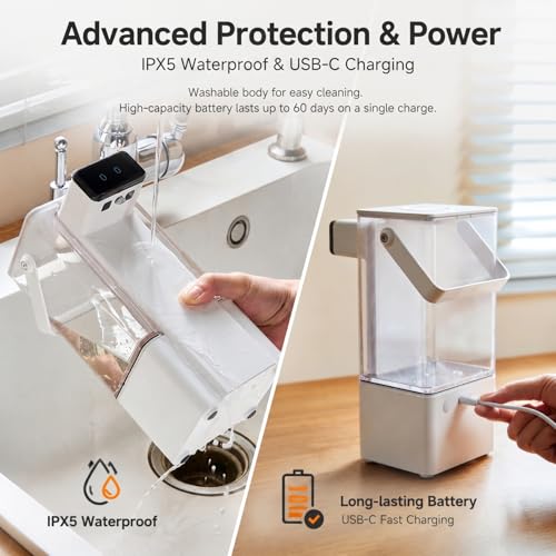 Extra Large 27 oz Dish Soap Dispenser, Touchless, USB-C Rechargeable | No-Drip Precision Spout,Fully Washable Design.Transparent Refillable Tank
