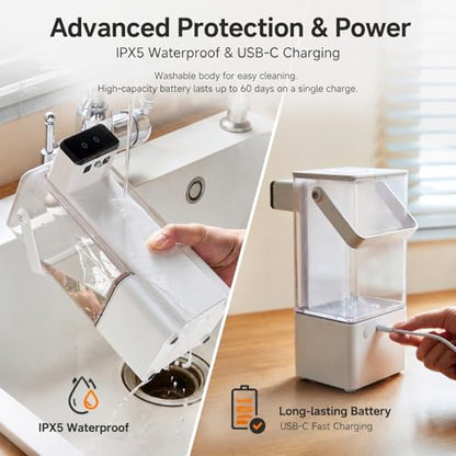 Extra Large 27 oz Dish Soap Dispenser, Touchless, USB-C Rechargeable | No-Drip Precision Spout,Fully Washable Design.Transparent Refillable Tank