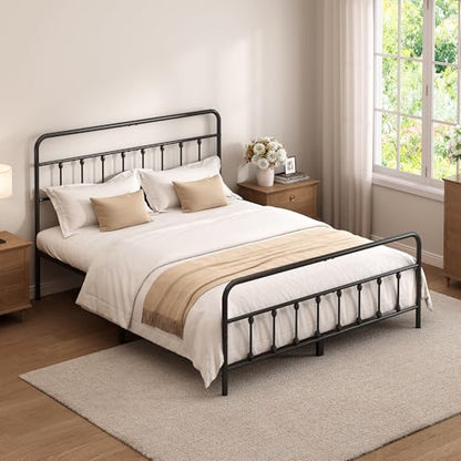 Queen Size Black Metal Bed Frame with Headboard and Footboard, 12 Inch Underbed Storage Space, Heavy Duty Mattress Foundation with Steel Slat Support No Box Spring Needed