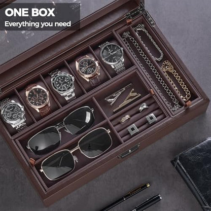ProCase Men's Jewelry Box, 5-Slot Watch Display Case Jewellry Storage Organizer for Sunglasses Rings Accessories with Hidden Compartment, Watch Holder with Glass Lid, Fathers Day Gift -Espresso