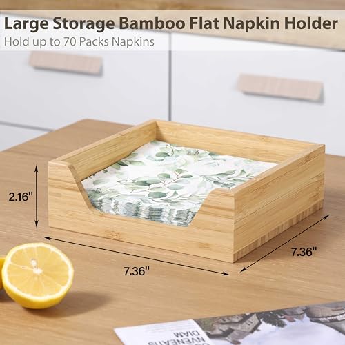 Bamboo Napkin Holder, 7.36" x 7.36" x 2.16" Napkin Holder | Napkin Dispenser with Large Side Opening for Easy Access, Large Storage Square Napkin Dispenser, Home Kitchen Tabletop Decor
