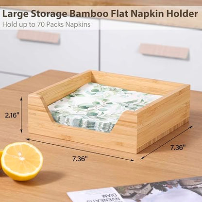 Bamboo Napkin Holder, 7.36" x 7.36" x 2.16" Napkin Holder | Napkin Dispenser with Large Side Opening for Easy Access, Large Storage Square Napkin Dispenser, Home Kitchen Tabletop Decor