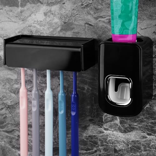 5 Slots Wall Mount Toothbrush Holder with Cover, Self Adhesive Toothbrush Storage Organizer for Shower, Toothbrush Hanger with Automatic Toothpaste Squeezer Dispenser(Black)